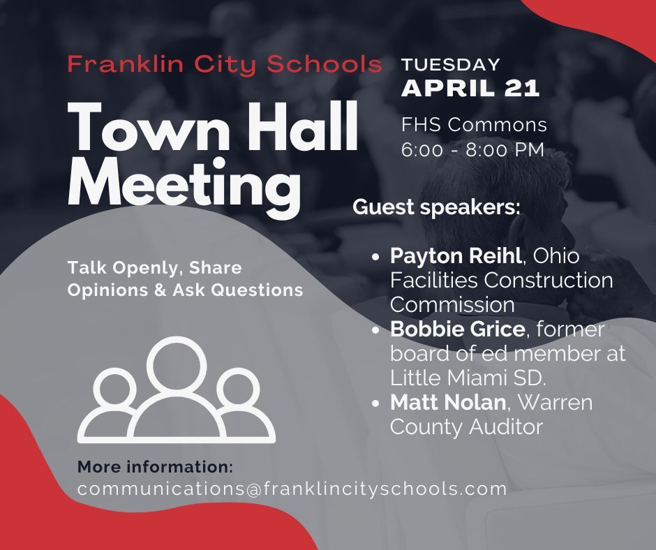 A red, black, white, and gray image listing details about the Town Hall meeting